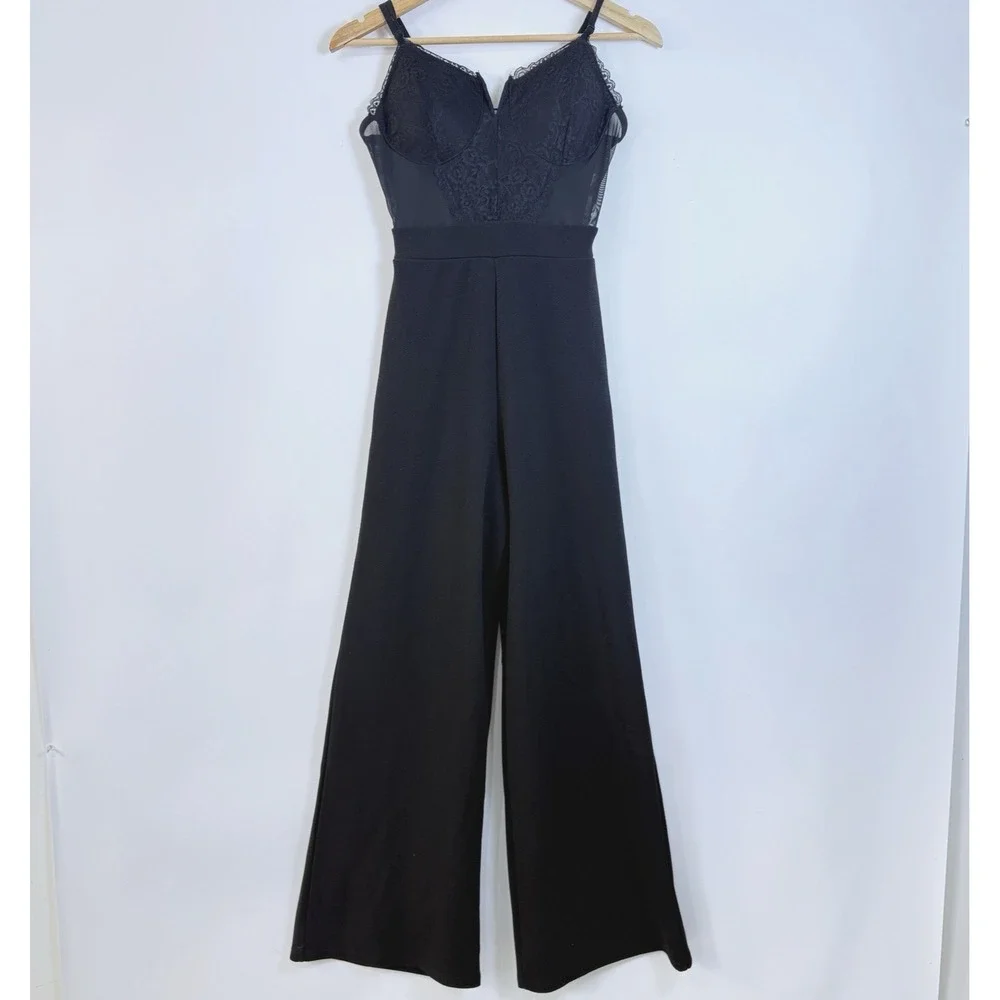 Almost‎ Famous Dark Coquette Jumpsuit Size M Black Floral Lace Sheer Mesh Bodice